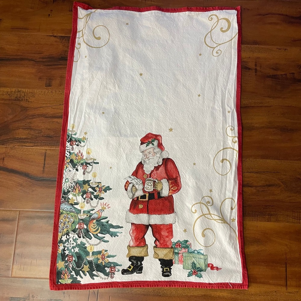 Williams Sonoma Holiday Tea Towel 19.5"x30.5" Santa Christmas Tree Graphic